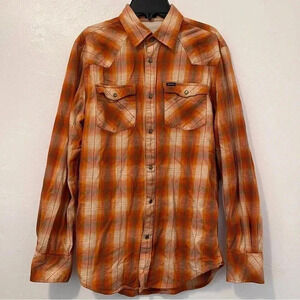 BULLHEAD Pearl Snap Mens Long Sleeve Orange Plaid Shirt - Size‎ S